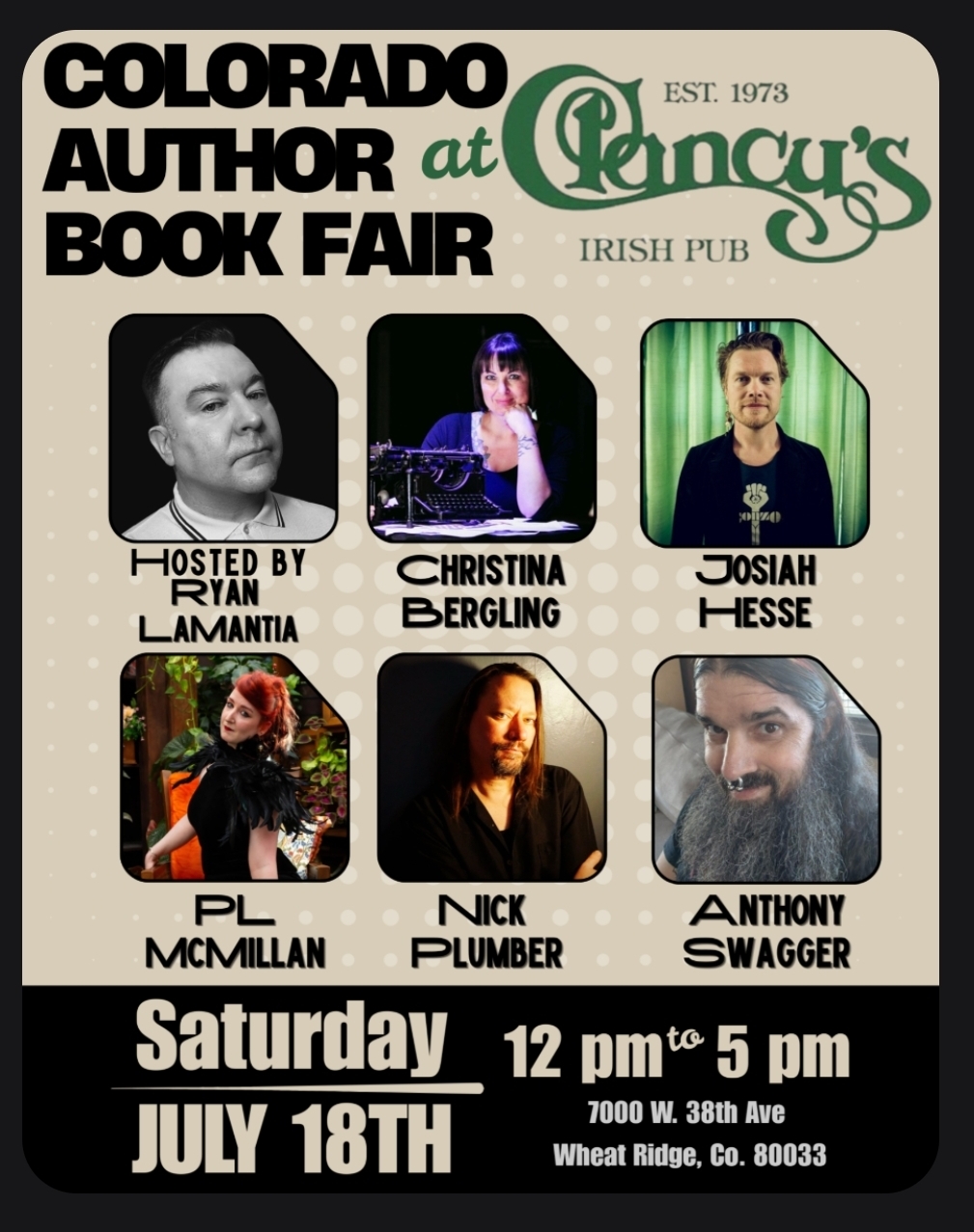 Book Signing at Clancy's Irish Pub 7000 W. 38th Ave Wheat Ridge, CO. 80033, July 18th 2026 from 12pm to 5pm